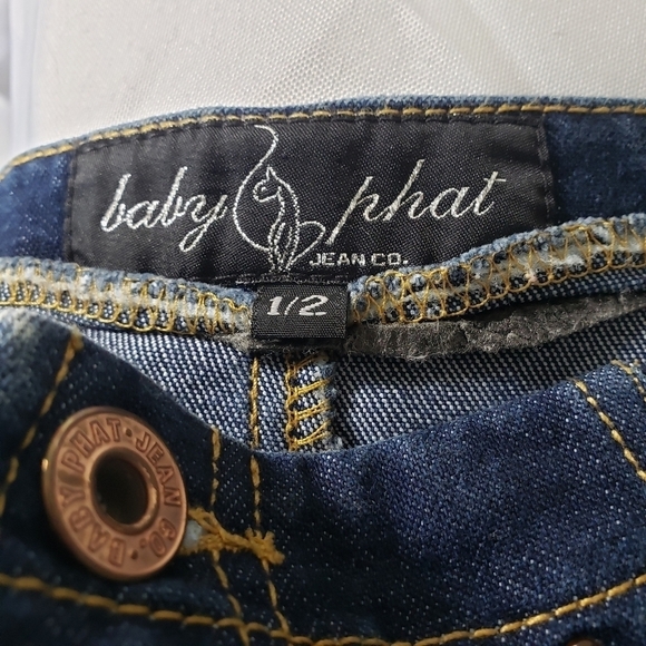 Baby Phat Vintage Bandana Denim Jean Mini Skirt Rhinestone Bedazzled Size 1/2 - Picture 5 of 8